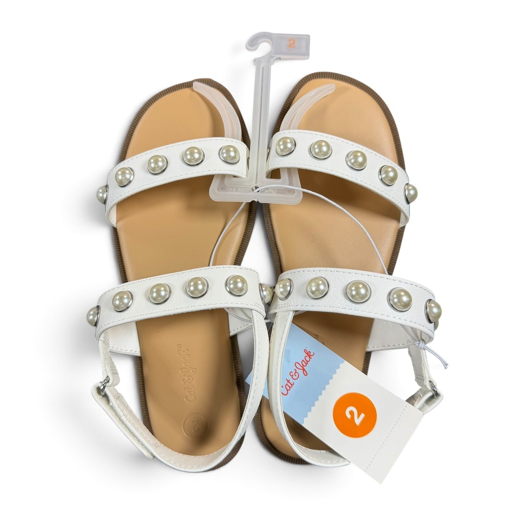 Cat & Jack Girls Eve Faux Pearl Studded Strappy Sandals White Size 2 NWT